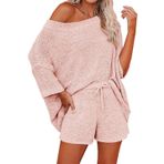 Ermonn Kadın 2 Parça Kıyafetler Kazak Setleri Kapalı Omuz Örgü Üst Bel Kısa Takım Elbise Günlük Pijama Takımı, Açık Pembe, XL