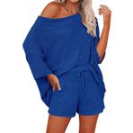 Ermonn Kadın 2 Parça Kıyafetler Kazak Setleri Kapalı Omuz Örgü Üst Bel Kısa Takım Elbise Günlük Pijama Takımı, Lacivert, XL