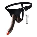 Erofoni Süper Realistik Erofoni 22 Cm Titreşimli Belden Bağlamalı Siyah Siyahi Giyilebilir Vibratör Penis