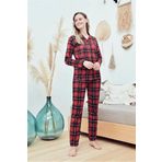 Eros Ekose Desen Boydan Düğmeli Bayan Pijama Takım Kırmızı M