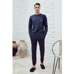 Eros Sıfır Yaka Pamuklu Uzun Kol Bilekli Erkek Pijama Takım Lacivert L