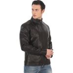 Ersefa Erkek Mont Slim Fit Siyah Biker Ceket Fermuarlı Dik Yaka Deri Dış Giyim