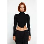 Ersefa Fashion Forward Kadın Fitted Dik Yaka Uzun Kollu Ince Triko Süper Crop Asimetrik Bluz Kışlık - Siyah
