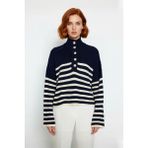 Ersefa Kadın Basic Çizgili Oversize Dik Yaka Triko Kazak Uzun Kollu Crop Rahat Sonbahar Kış Kaliteli - Lacivert - M