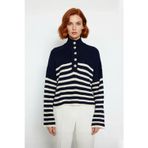 Ersefa Kadın Basic Çizgili Oversize Dik Yaka Triko Kazak Uzun Kollu Crop Rahat Sonbahar Kış Kaliteli