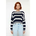 Ersefa Kadın Basic Çizgili Oversize Triko Crop Kazak Düşük Kol Rahat Kesim Şık Görünüm Kaliteli - Lacivert