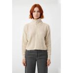 Ersefa Kadın Basic Oversize Düşük Uzun Kollu Crop Fermuarlı Dik Yaka Triko Kazak Kışlık Rahat Stiller - Taş - XS