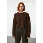 Ersefa Kadın Casual Crop Oversize Bisiklet Yaka Triko Kazak Düşük Kol Akıtma Detaylı Konforlu Şık - Kahverengi - XS