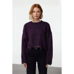 Ersefa Kadın Casual Crop Oversize Bisiklet Yaka Triko Kazak Düşük Kol Akıtma Detaylı Konforlu Şık - Mor
