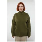 Ersefa Kadın Düz Desen Akrilik Triko Kazak Relaxed Kalıp Dik Yaka Düşük Kol Kış Için Konforlu Stil - Haki - 6XL