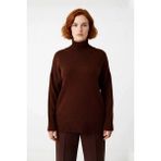 Ersefa Kadın Düz Desen Akrilik Triko Kazak Relaxed Kalıp Dik Yaka Düşük Kol Kış Için Konforlu Stil - Kahverengi - 5XL