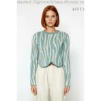 Ersefa Kadın Fashion Forward Akrilik Regular Kalıp Crop Boy Uzun Kol Hayvan Desenli Triko Kazak Kaliteli - Mint