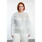 Ersefa Kadın Saç Örgü Varak Detaylı Crop Triko Kazak Bisiklet Yaka Uzun Kollu Şık ve Modern Kombinler - Gümüş - 4XL
