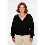 Ersefa Kadın V Yaka Kruvaze Arkadan Bağlamalı Triko Kazak Akrilik Regular Fit Günlük Şık Soğuk Hava - Siyah - 5XL