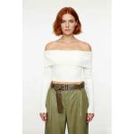Ersefa Kadınlara Özel Basic Fitted Kesim Uzun Kollu Crop Akrilik Triko Carmen Yaka Kazak Kaliteli - Ekru