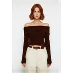Ersefa Kadınlara Özel Basic Fitted Kesim Uzun Kollu Crop Akrilik Triko Carmen Yaka Kazak Kaliteli - Kahverengi