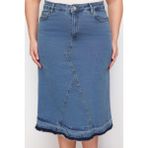 Ersefa Moda Büyük Beden Regular Düz Desen Günlük Midi Boy Renk Bloklu Denim Etek - Mavi - 44