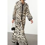 Ersefa Moda Stil Relaxed Hakim Yaka Maxi Boy Tesettür Geometrik Desenli Viskon Dokuma Elbise - Bej - 36