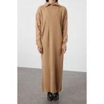 Ersefa Rahat Casual Günlük Çift Plaka Triko Dik Yaka Uzun Kol Shift Maxi Boy Tesettür Elbise - Camel