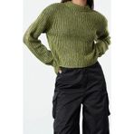 Ersefa Stil Modern Kadın Crop Standart Kol Bisiklet Yaka Yeşil Yumuşak Dokulu Triko Kazak