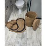 Ersu Home Ahat Design Jüt Hasır 5li Banyo Seti, Çamaşır Sepeti, Paspas Takımı, Oval Sepet-Siyah Çizgili