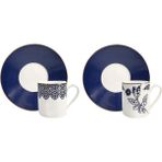Es Dekor Blue 2'li Türk Kahve Fincan 90 ml Set Sofra Ürün Mavi Porselen Çiçekli Gold Yaldız Hediyelik