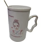 Es Dekor Gftpnt Porselen Kupa Bardak Mug Hediyelik Ürün Beyaz Tekli Kapaklı , Gold Metal Kaşıklı Güze