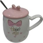 Es Dekor Porselen Kupa Bardak Mug Hediyelik Ürün Metal Kaşıklı Kapaklı Beyaz Pembe 1 Adet