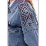 Esb Design Kadın Mavi Cepli Etnik Mevsimlik Düğmeli Uzun Denim Nakışlı Kot Ceket - 00404 Mavi