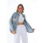 ESB Design Kadın Mavi Cepli Püsküllü Renkli Etnik Mevsimlik Düğmeli Uzun Denim Ceket A36-083
