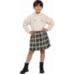 Escabel Kız Çocuk Kapüşonlu Sweat Shirt Ekose Etekli Bej Elbise - 5 Yaş