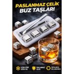 Eser Ticarett Paslanmaz Çelik Buz Taşı Seti 4’lü Maşalı Viski Taşı Içecek Soğutucu Tekrar Kullanılabilir - Gri