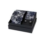 Esgue 8 Cm Hand Made Lacivert Gri Şal Desen Kravat Mendil & Kol Düğmesi Hediye Seti HSET:105