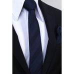 Esgue Hand Made 6 cm Slim Çizgili Desen Lacivert Renk Mendilli İnce Kravat