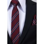 Esgue Hand Made 6 cm Slim Çizgili Desenli Bordo Lacivert Renk Mendilli İnce Kravat