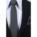 Esgue Hand Made 6 cm Slim Micro Desenli Siyah Beyaz Renk Mendilli İnce Kravat