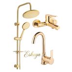 ESHOME Altın Gold Yuvarlak Robot Duş Seti, Banyo Ve Lavabo Bataryası Musluğu Çeşmesi Set 3'lü