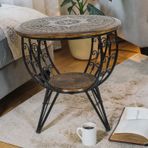 Eskitme Ahşap Ferforje Oymalı Yuvarlak Sehpa 60x60x59 cm. KNA586