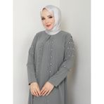 Eslemnur Büyük Beden Tam Boy Pelerinli Anne Elbisesi - Gri - 44