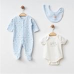 Eslenza Erkek Bebek Tulum, Zıbın ve Önlüklü Set 3 Parça - Bebe Mavi - Bebe Mavisi - Yenidoğan