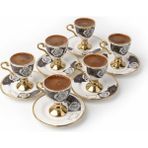 Esmo Home 6 Kişilik Lüks Ayaklı Porselen Türk Kahvesi Fincan Takımı, Siyah Beyaz Gül Desenli ve Yaldız Detaylı, 12 Parça Kadeh Formlu Çeyizlik Sunum Seti - 001-Renkli