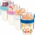 Esmo Home 650 ml Take-Go Kaşıklı Hazneli Meyveli Müsli Kabı Piknik Iş Yoğurt Süt Bardağı Kapaklı ve Kaşıklı Kahvaltı Bardakları, Tahıl Tepesi Yulaf Ezmesi Granola (4'lü Set) - 1/100 Toz Ceviz
