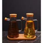 Esnaf Dede Bambu Kapaklı Vakumlu Borosilikat Cam Yağdanlık Sirkelik Sosluk Bambu Altlık 3'lü Set - Şeffaf - 900 ml