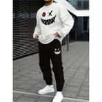 Eşofman Takımı Gülen Yüz Baskılı Unisex Kışlık Kalın Pamuklu Sweatshirt ve Eşofman Altı 2' Li Set - Beyaz