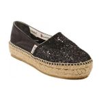 Espadrilles Tommy Glit Siyah Önü Simli Arkası Deri Hasır Tabanlı Dolgu Topuklu Kadın Ayakkabı - Black