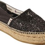 Espadrilles Tommy Glit Siyah Önü Simli Arkası Deri Hasır Tabanlı Dolgu Topuklu Kadın Ayakkabı