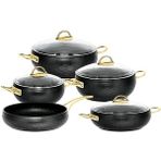 Espela - 3545 - 9 Parça - Bio Granit -Tencere, Tava, Çeyiz Seti, Siyah Renk - Gold Detay - Altın