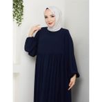 Esra Butik Lacivert Medine Ipeği Robalı Uzun Elbise 140 cm Rahat Kesim Tesettür Elbise - 2