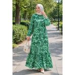 Esra Butik Yeşil Desenli Viskon Tesettür Elbise – 140 cm Boy, Rahat Kalıp, Günlük & Şık Yazlık Elbise