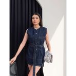 Esra Helvacı Denim Kuşaklı Yelek Etek Takım - Lacivert